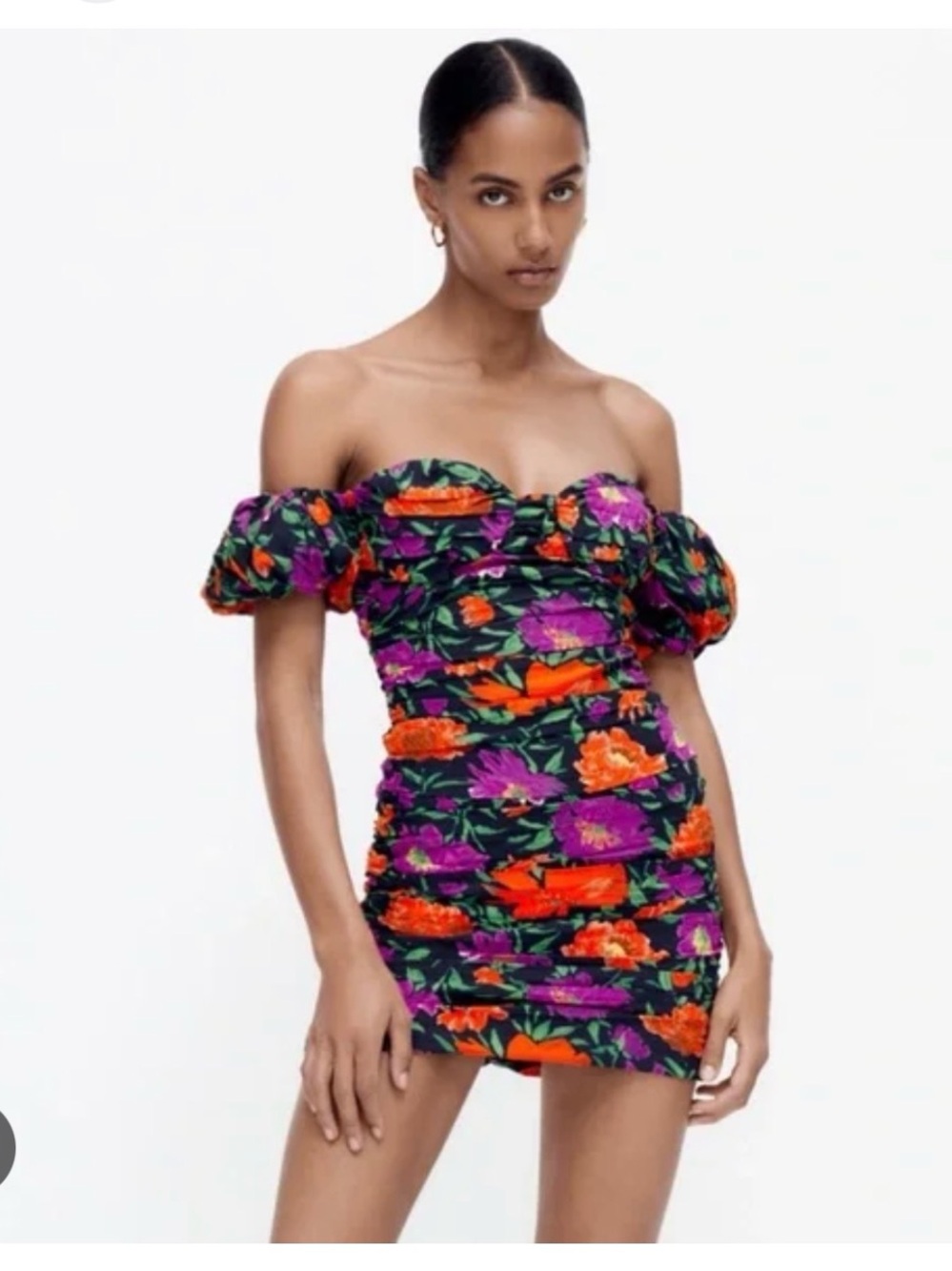 ZARA Off The Shoulder Floral Ruched Mini Dress
